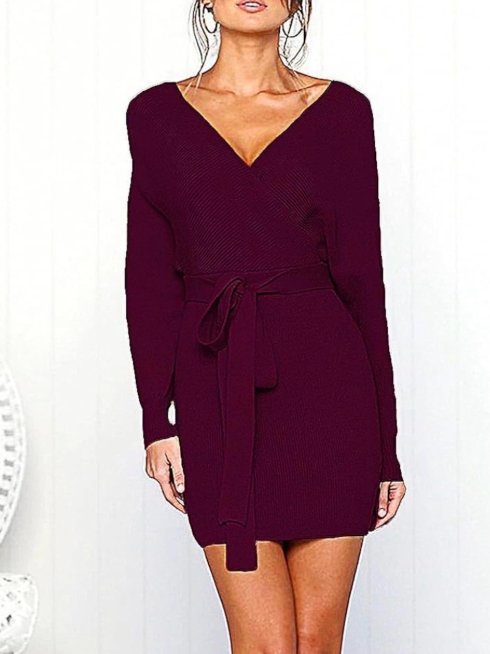V-Neck Long Sleeve Belted Sweater Dress - burgundy / maroon